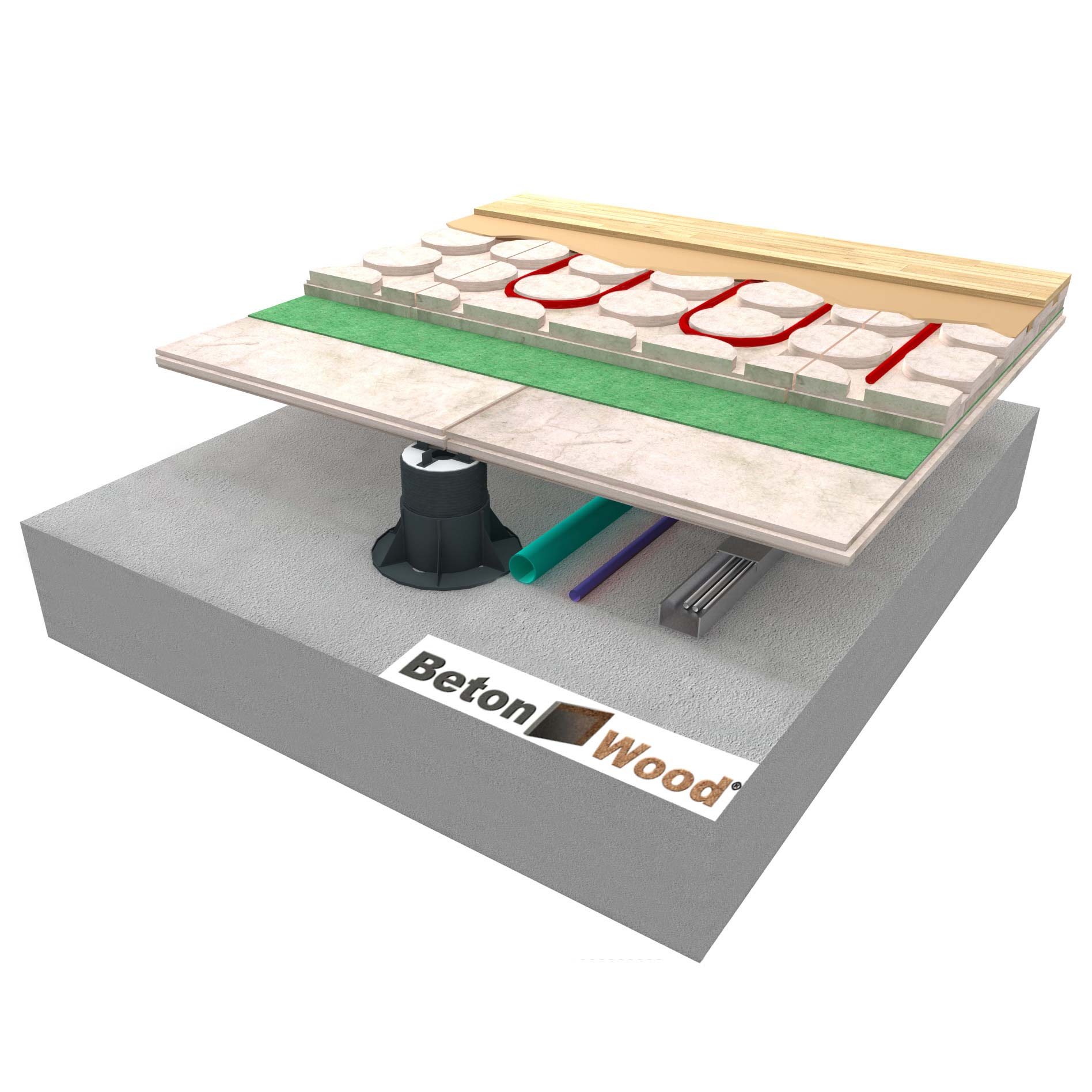 Elevated radiant screed with fiber woods Underfloor on self-leveling support