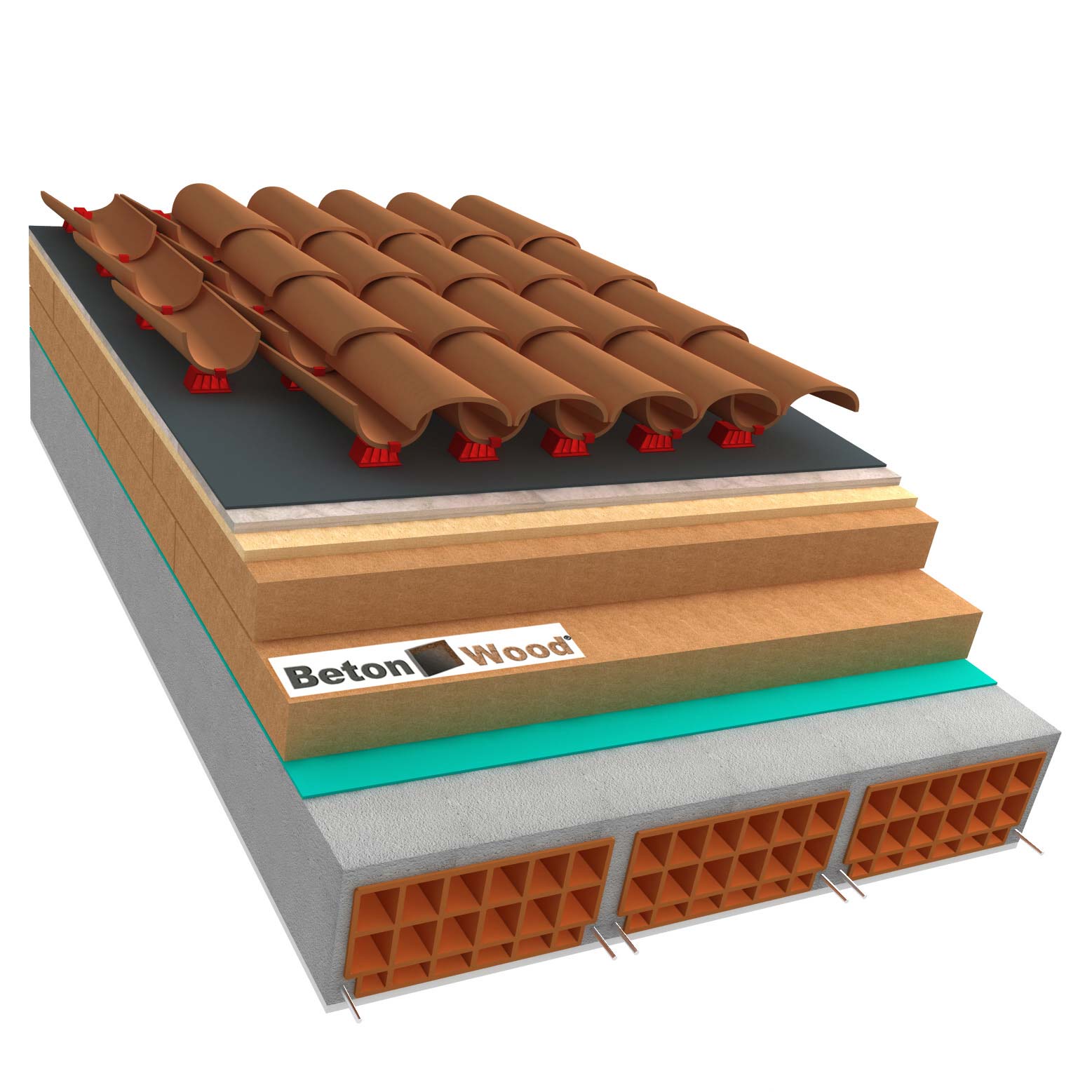 Ventilated roof with fiber wood Isorel, Therm and cement bonded particle boards on concrete